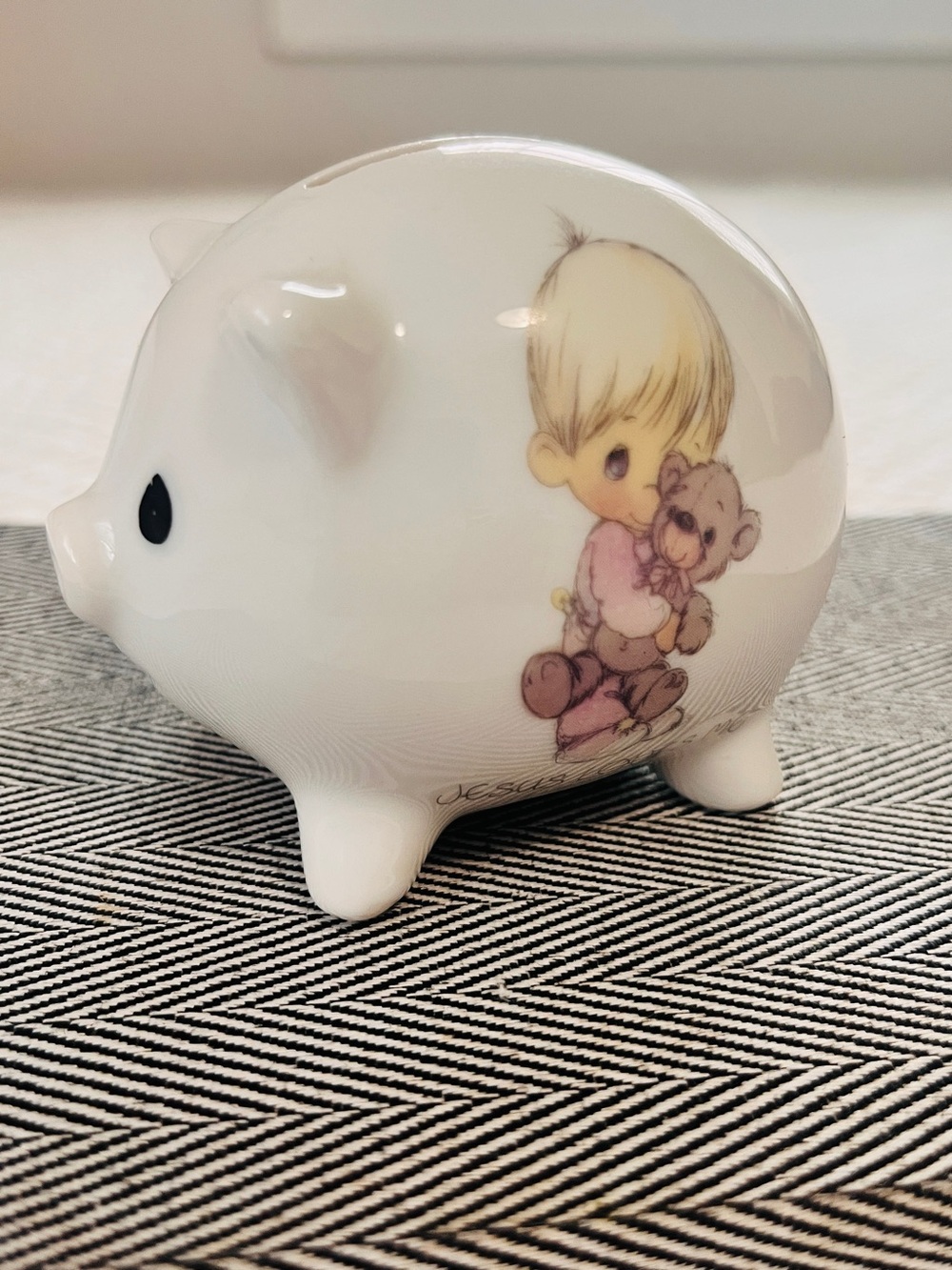 Precious Moments White Porcelain Piggy Bank with Pastel Illustration